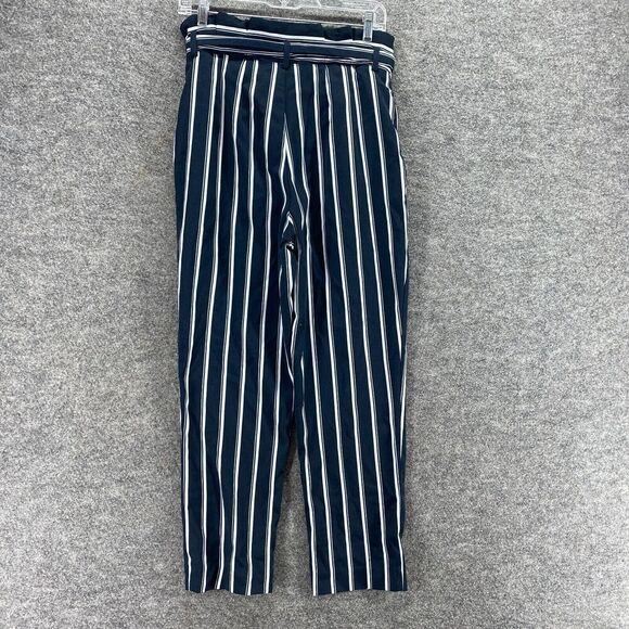 H&M Pants Women 8 Blue Striped Belted High Rise Flat Front Chino Casual Pockets - Picture 2 of 10